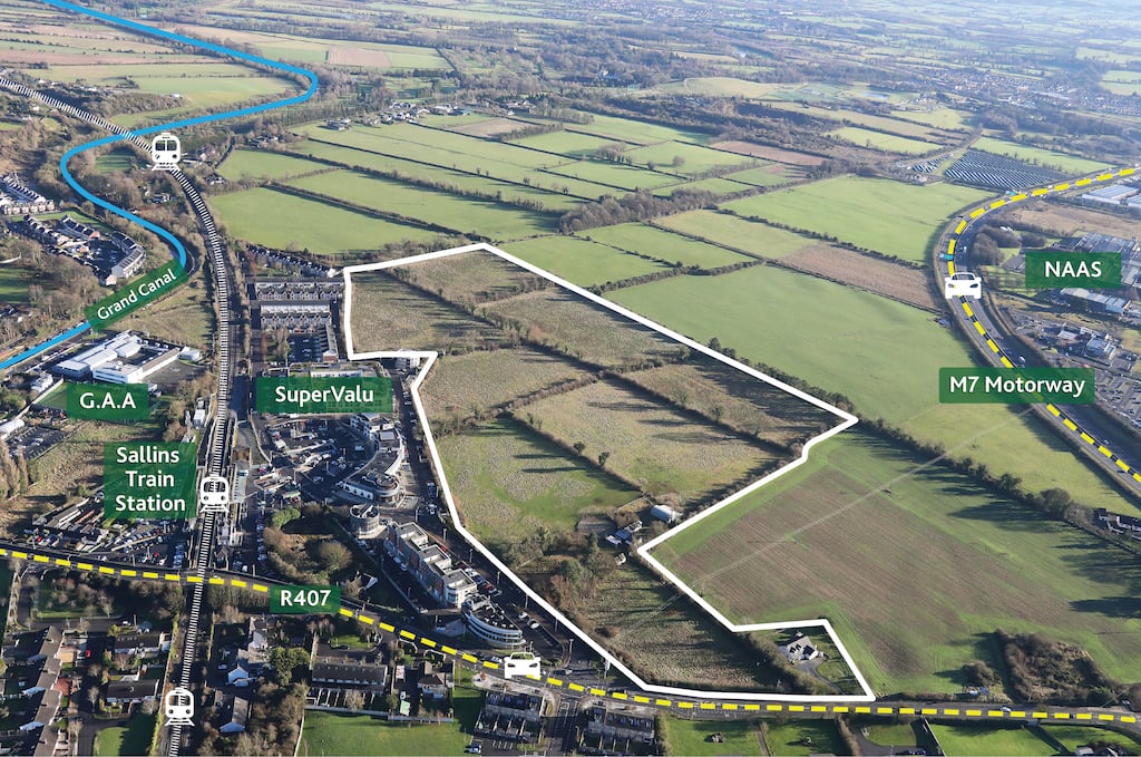 An aerial view of the Sallins site shows its proximity to the Kildare town's existing residential developments and train station