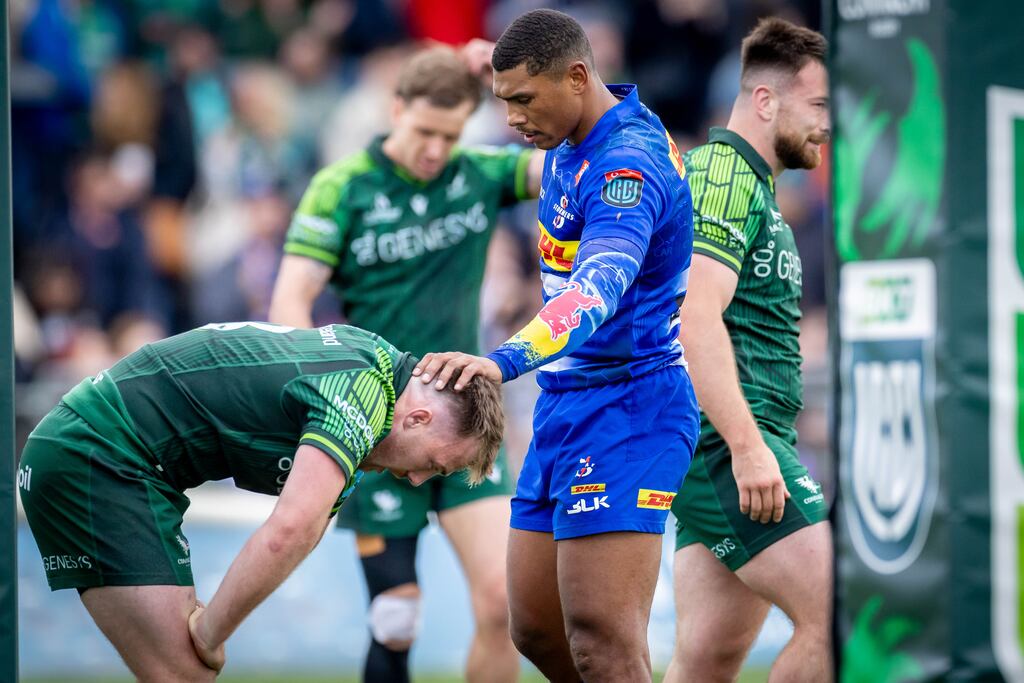 Connacht’s David Hawkshaw with Damian Willemse of Stormers after the final whistle. Photograph: Morgan Treacy/Inpho