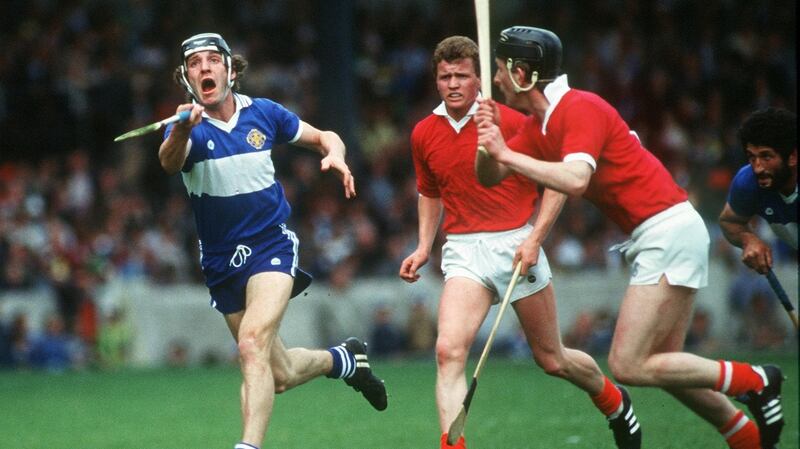 Pat Critchley in action for Laois against Cork’s Pat Hartnett and Seán O’Gorman in 1984. Photograph: Billy Stickland/Inpho