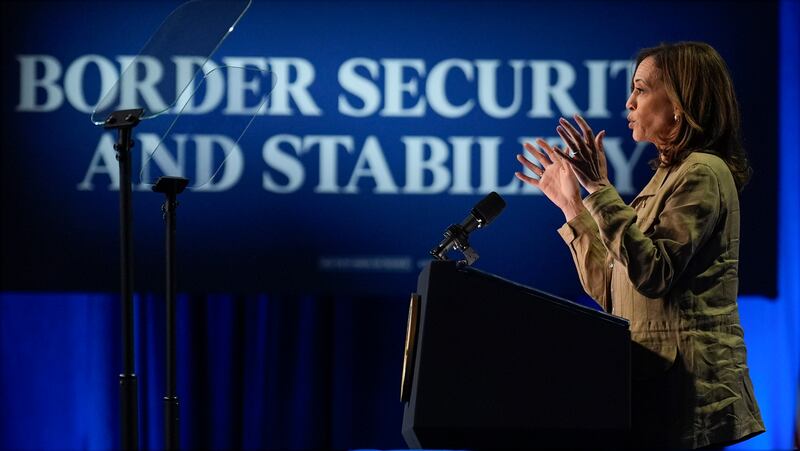 amala Harris speaks at a campaign event in Douglas, Arizona. Photograph: Carolyn Kaster/AP