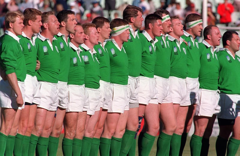The Ireland team line up in Bloemfontein. Photograph: Billy Stickland/Inpho