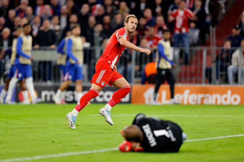 Bayern Munich's English forward #09 Harry Kane celebrates scoring his team's third goal during the UEFA Champions League football match between FC Bayern Munich and Chelsea FC in Munich, southern Germany on September 17, 2025. (Photo by Alexandra BEIER / AFP) (Photo by ALEXANDRA BEIER/AFP via Getty Images)