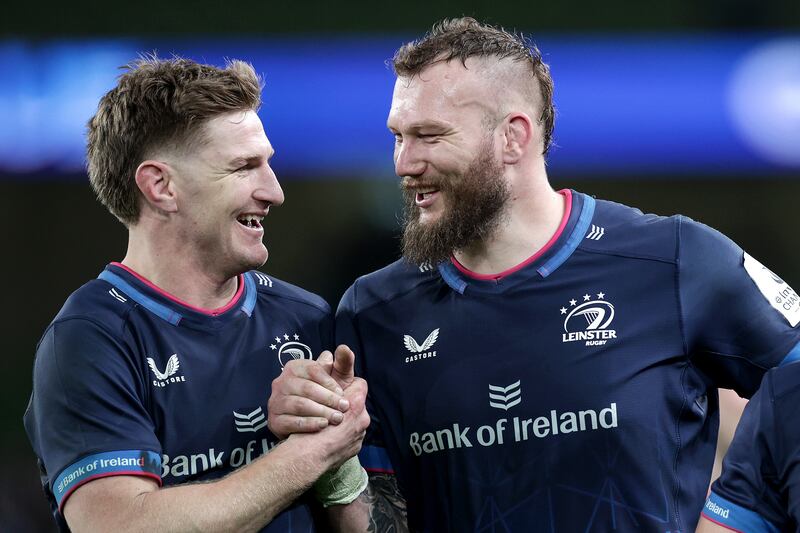Leinster's Jordie Barrett and RG Snyman celebrate their win over Bath at the Aviva Stadium on January 18th. Photograph: Laszlo Geczo
