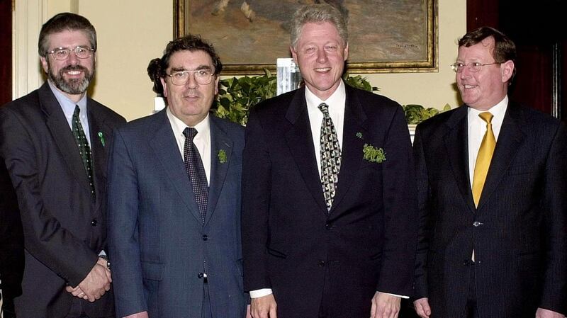American president Bill Clinton meets Gerry Adams, John Hume and David Trimble at the White House in 2000. Photograph: Joyce Naltchayan/AFP/Getty