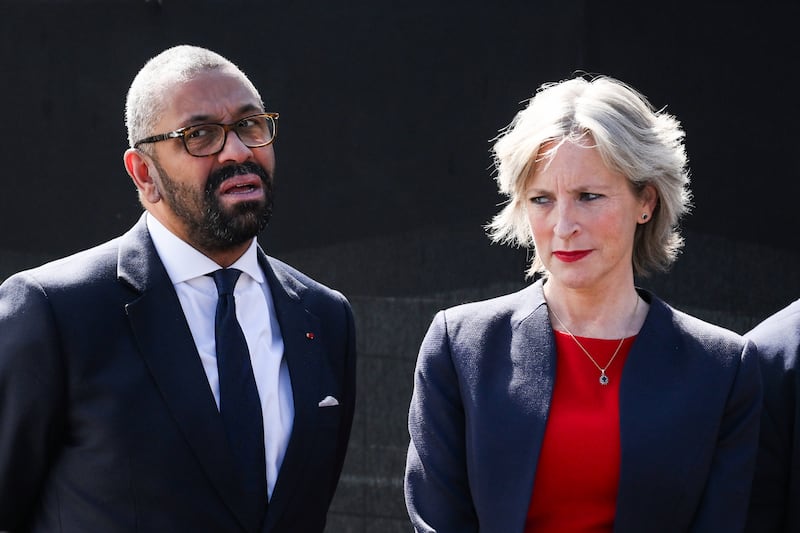 File photograph of British home secretary James Cleverly and his wife Susannah Cleverly. Mr Cleverly is facing calls to resign after making jokes about spiking his wife’s drink with a date rape drug Photograph: Daniel Leal/PA Wire 