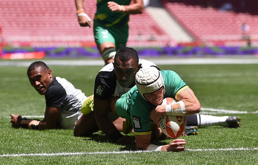 Hugo Lennox of Ireland scores against Fiji. Photograph: Denis Doyle/Getty Images