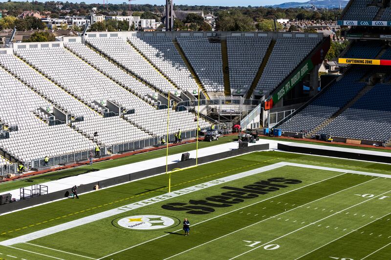 The pitch and Hill 16 terrace at Croke Park have received a temporary makeover for Sunday's NFL clash between Pittsburgh Steelers and Minnesota Vikings. Photograph: Laszlo Geczo/Inpho