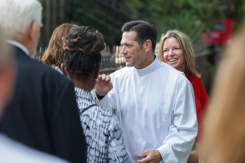 Fr Mike Schmitz leaves St Kevin's Church after saying mass in Dublin. Photograph: Enda O'Dowd