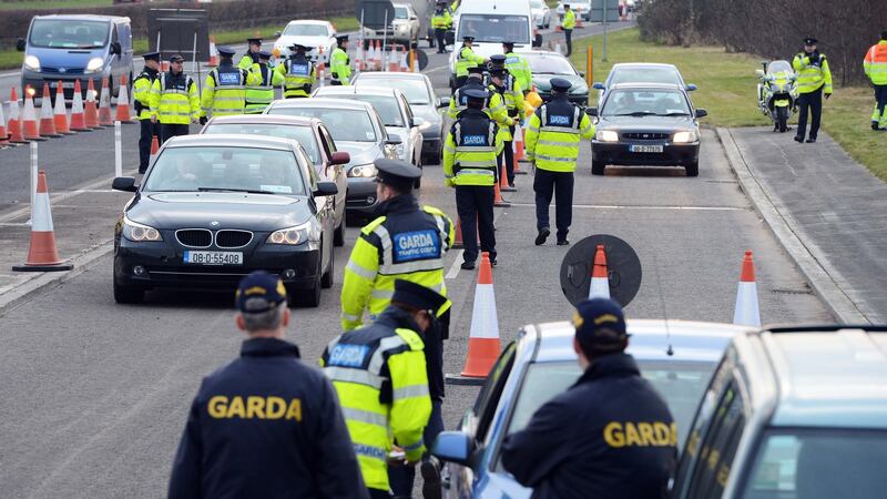 Gardaí at a checkpoint in Dublin. Photograph: Eric Luke / The Irish Times