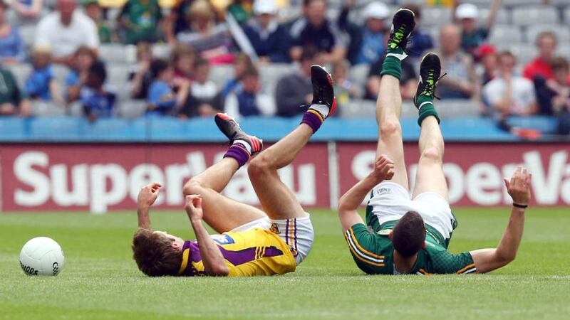 Meath’s Michael Newman (right) and Wexford’s  Brian Malone at Croke Park. Photograph: Donall Farmer/Inpho