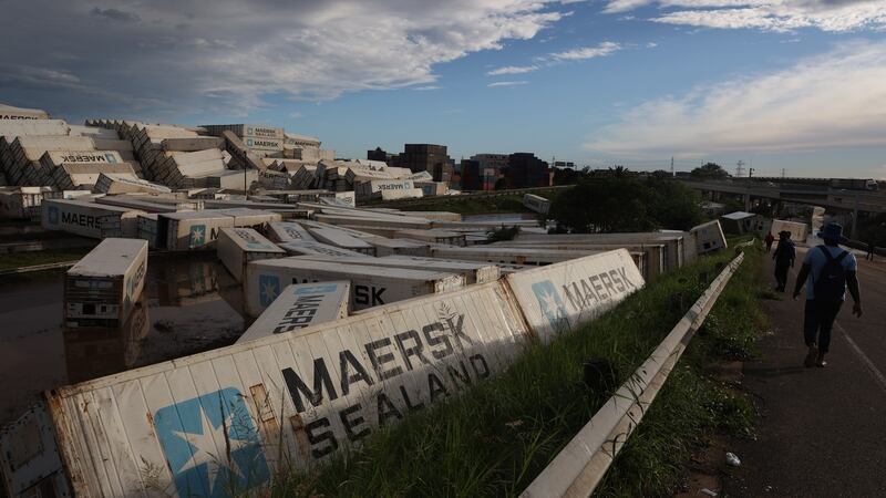 Hundreds of shipping containers washed away by recent floodwaters near Durban on Wednesday. Photograph: EPA/STR