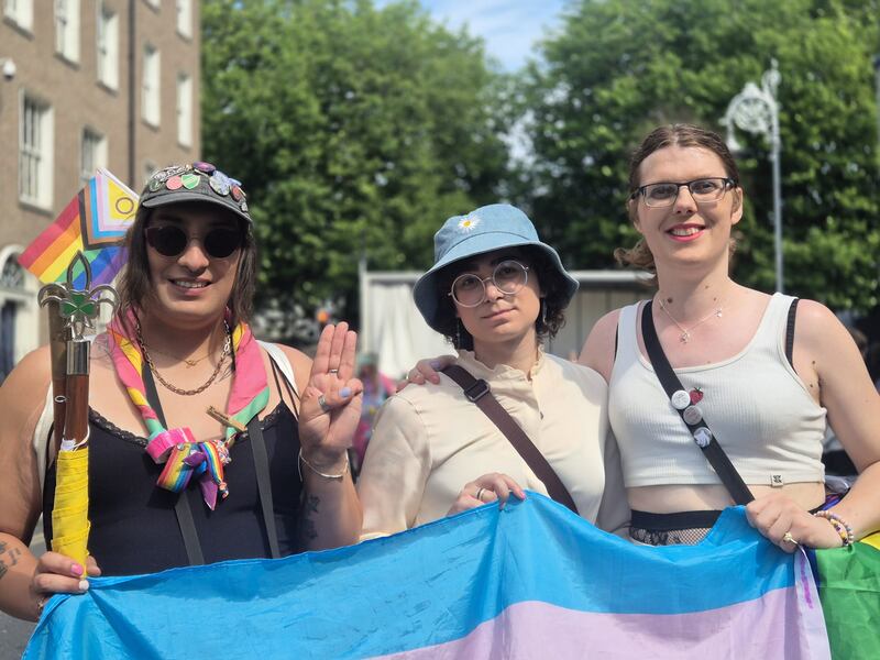 Xiomara Aguirre, Nym and Cat Chadwick at the Pride demonstration in Dublin on Saturday. Photograph: Órla Ryan