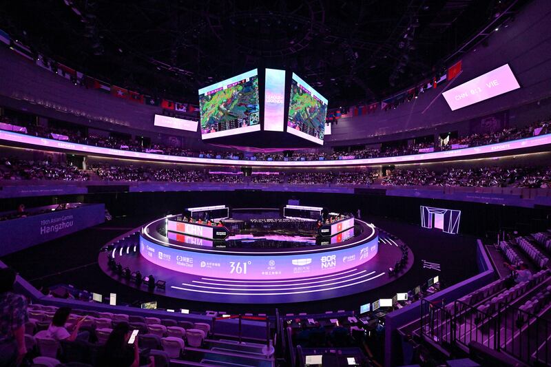 The  purpose-built Esports Centre in Hangzhou, a 5,000-seat stadium where spectators watch players compete on giant screens. Photograph: Adek Berry/AFP via Getty Images 