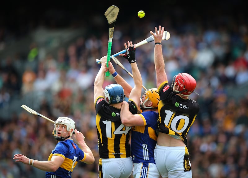 Tipperary’s Bryan O'Mara and Ronan Maher compete for a high ball with Kilkenny's TJ Reid and Adrian Mullen. Photograph: James Crombie/Inpho