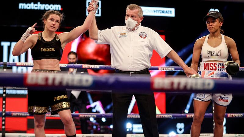 Katie Taylor had to dig deep to defeat Natasha Jonas in her defence of the WBC, WBA, IBF and WBO Female Lightweight titles. Photograph: Matchroom Boxing/Dave Thompson/Inpho