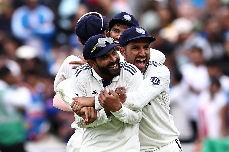 India's Dhruv Jurel hugs Ravindra Jadeja after the win over England at The Oval. Photograph: Henry Nicholls/AFP via Getty Images