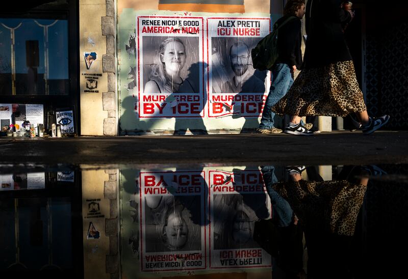 Posters featuring Renee Good and Alex Pretti seen on February 12th, 2026 in Minneapolis, Minnesota. Good and Pretti were both shot and killed by federal Ice agents in January. Photograph: Stephen Maturen/Getty