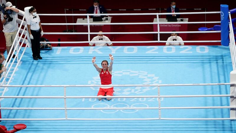 Ireland’s Kellie Harrington celebrates winning gold against Brazil’s Beatriz Ferreira in the women’s light Olympic Games (57-60kg) final bout at the Kokugikan Arena. Photo: Frank Franklin II/AP Photo