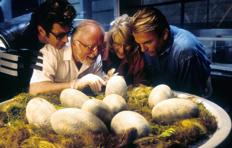 Jurassic Park: Laura Dern with Jeff Goldblum, Richard Attenborough and Sam Neill, watching dinosaur eggs hatch in the first film, from 1993. Photograph: Universal
