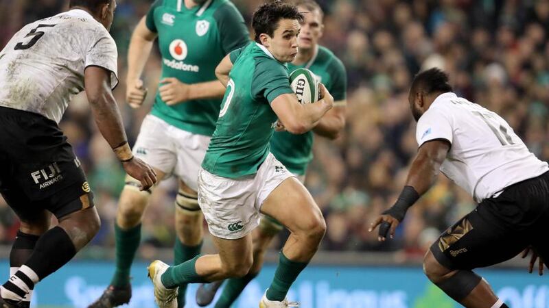 Joey Carbery runs at Peni Ravai of Fiji which would result in the Irishman's injury in 2022. Photograph: Dan Sheridan/Inpho