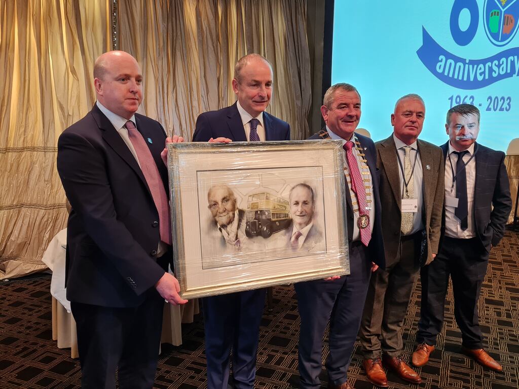 The NBRU presented the Taoiseach with a specially commissioned artwork commemorating his background during the conference. Photograph: Barry Roche