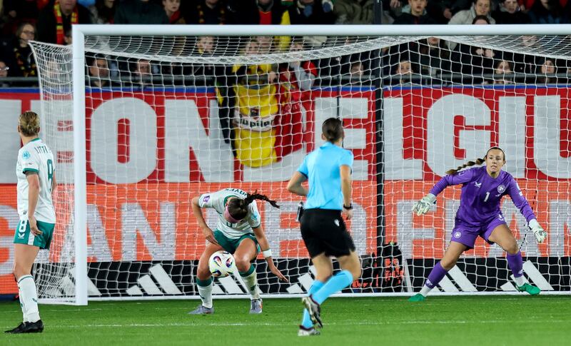 Ireland’s Caitlin Hayes blocks a shot on goal. Photograph: Ryan Byrne/Inpho