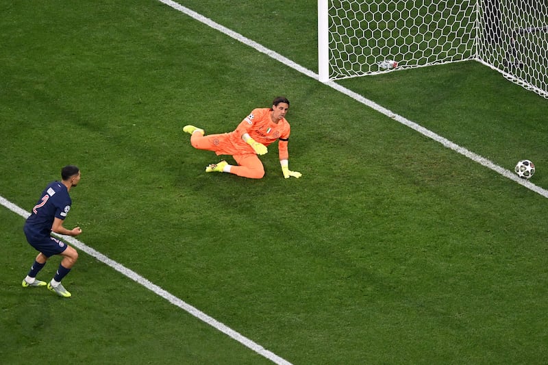 Achraf Hakimi scores PSG's first goal during the Champions League final. Photograph: Kirill Kudryavtsev/Getty