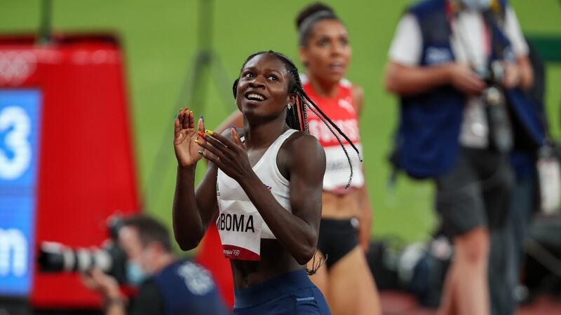 Christine Mboma of Namibia celebrates her silver medal in the women’s 200m final at  the Tokyo 2020 Olympic Games in Japan on August 3rd, 2021. Photograph:  Roger Sedres/Gallo Images/Getty Images