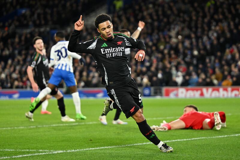 Ethan Nwaneri celebrates scoring for Arsenal at Amex Stadium. Photograph: Mike Hewitt/Getty Images
