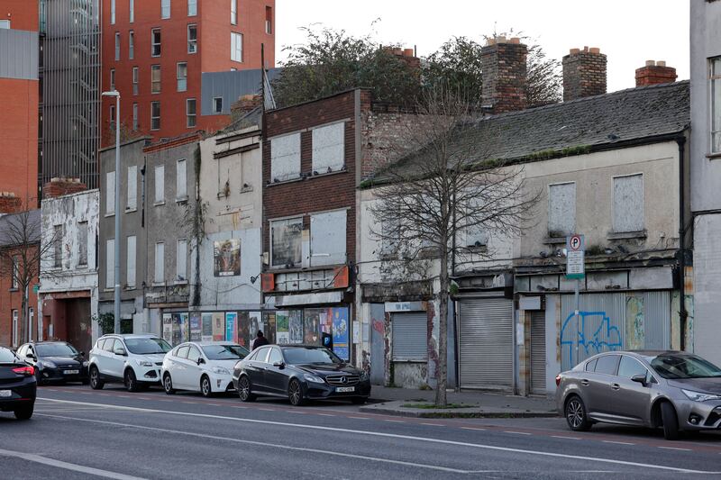 No.43-50 Dolphin’s Barn Street, a derelict row of shops and an old factory. Photograph: Alan Betson
