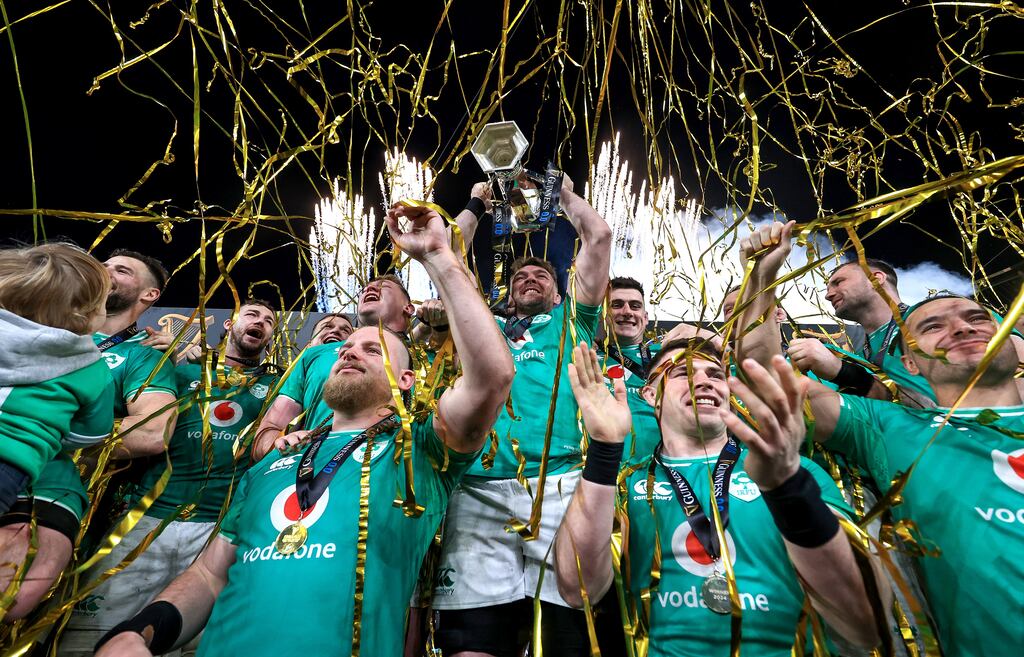 Finlay Bealham and Calvin Nash celebrate Ireland's Six Nations triumph following the win over Scotland at the Aviva Stadium. Photograph: Dan Sheridan/Inpho