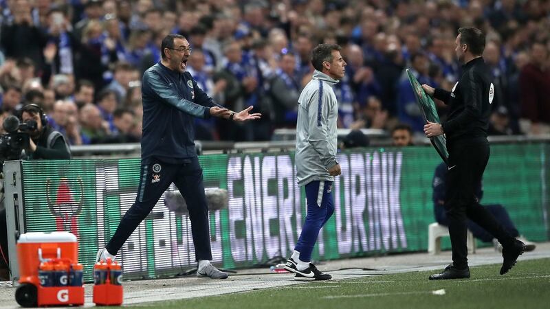 Chelsea manager Maurizio Sarri  reacts as  goalkeeper Kepa Arrizabalaga refuses to leave the pitch during  the Carabao Cup Final. Photograph:  Nick Potts/PA Wire