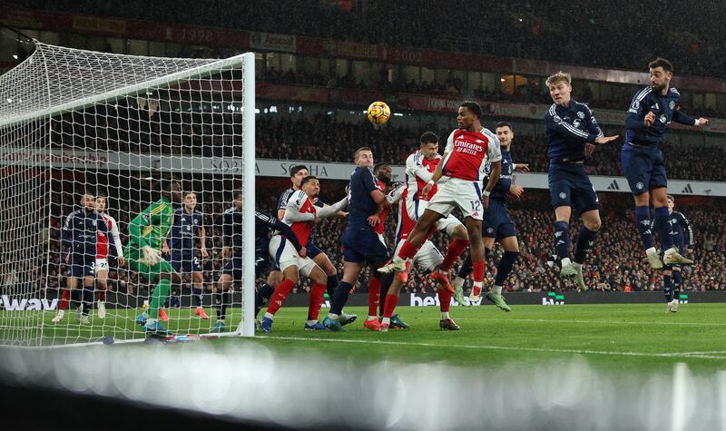 Arsenal's Jurriën Timber heads the opening goal into the net during the Premier League match between Arsenal and Manchester United at the Emirates Stadium on December 4th, 2024. Photograph: Adrian Dennis/AFP via Getty Images
