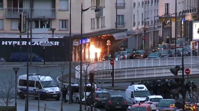 A screengrab  from an AFP TV video shows  French police special forces launching an assault at the  Hyper Cacher store at Porte de Vincennes, eastern Paris, after Amedy Coulibaly had taken hostages, on January 9th, 2015. File photograph: Gabrielle Chatelain/AFP TV/Getty