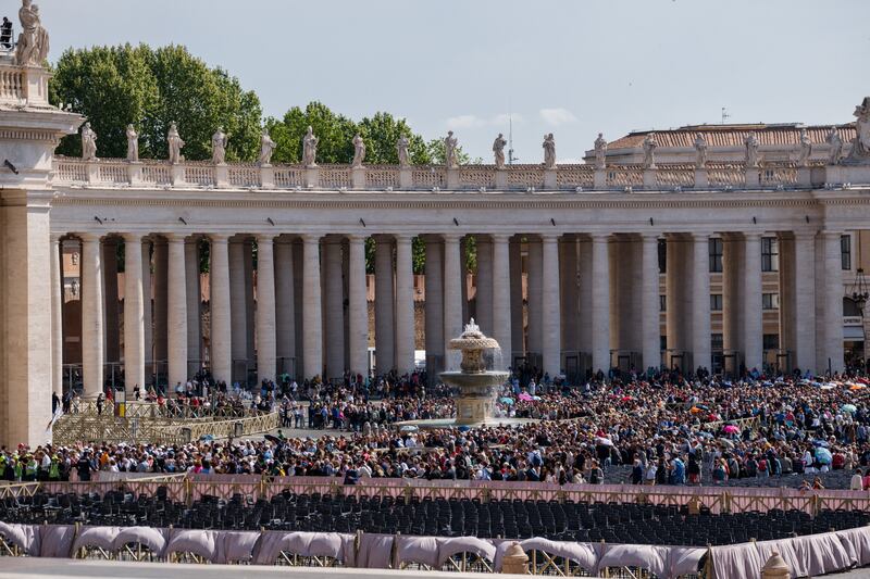 Pilgrims wait to pay respects to Pope Francis in St Peter's Square. Photograph: Dimitar Dilkoff/AFP/Getty