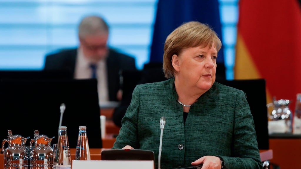 Back for more: German chancellor Angela Merkel attends her first weekly cabinet meeting since coming out of quarantine. Photograph: Markus Schreiber/AFP
