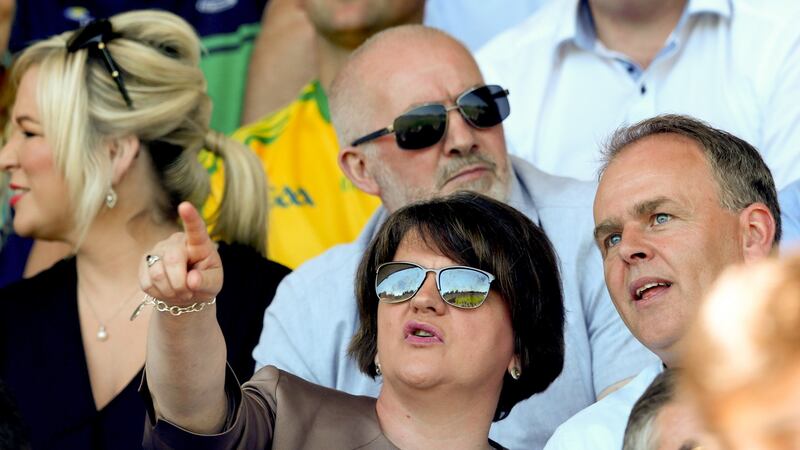DUP leader Arlene Foster with Government chief whip Joe McHugh  at the Ulster GAA SFC final between Fermanagh and Donegal in Clones, Co Monaghan. Photograph:  James Crombie/Inpho