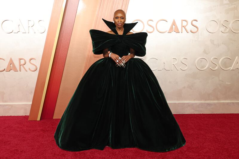 Cynthia Ervio in a dramatic forest green velvet gown by Louis Vuitton. Photograph: Mike Coppola/Getty Images