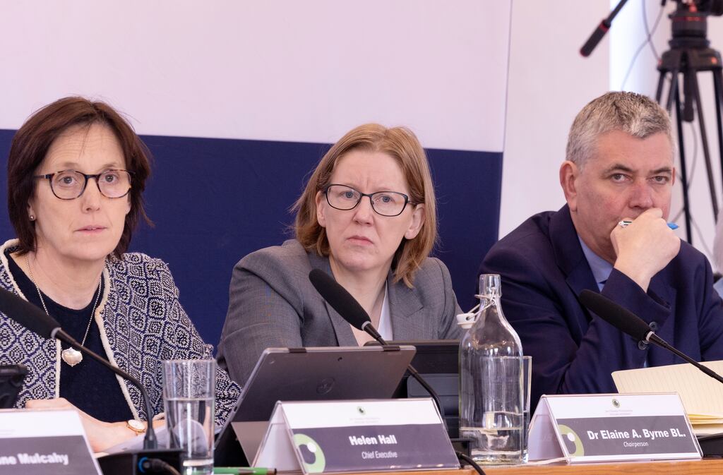 Policing Authority chair Dr Elaine Byrne (centre) during a recent meeting with Garda Commissioner Drew Harris in Dublin. Photograph: Sam Boal/Collins