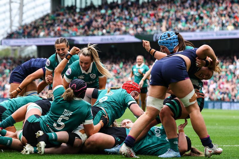 The Irish team drive over the line to allow Cliodhna Moloney-MacDonald score a try. Photograph: Ben Brady/Inpho
