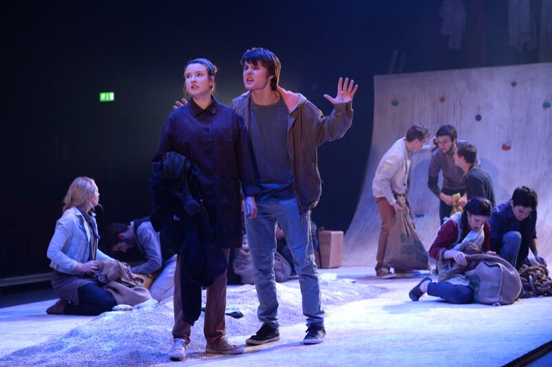 Eabha Landers and Oisin O'Reilly with members of the National Youth Theatre during rehearsals for Salt Mountain, which had a run at the Project Arts Centre, Dublin. Photograph: Dara Mac Dónaill



