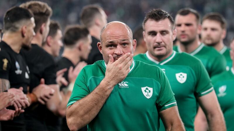 Ireland’s captain Rory Best leads his dejected charges following the defeat to New Zealand. Photograph: Dan Sheridan/Inpho