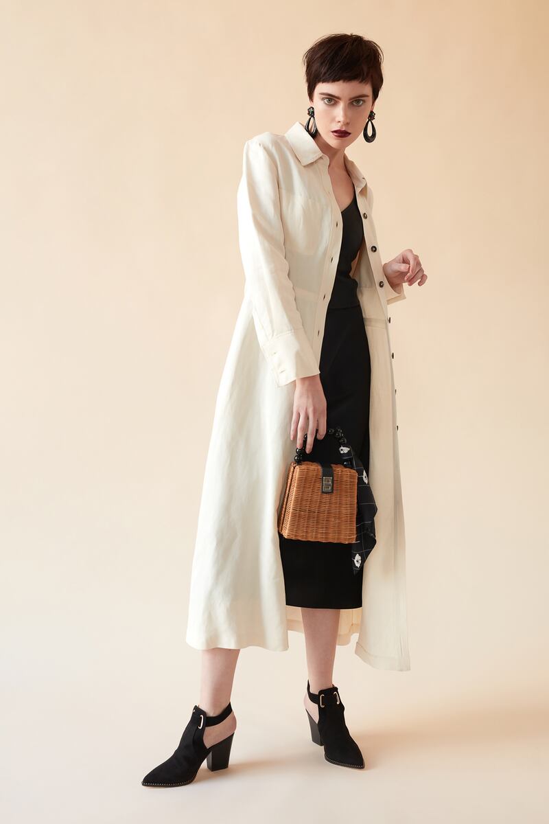 Cream dress worn as duster €129 Massimo Dutti, dress €330 BaSh, Brown Thomas, shoes €50 River Island, bag €39.99 Zara, scarf Ciara Silke, earrings Om Diva.