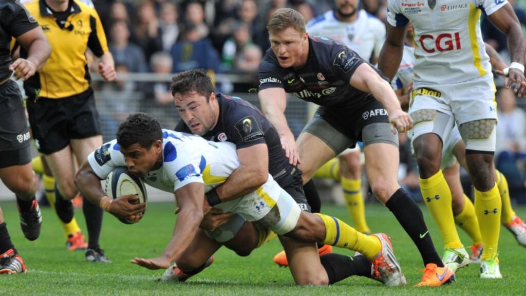 Clermont centre Wesley Fofana is tackled during the semi-final match in Saint-Etienne. Photo: Getty Images
