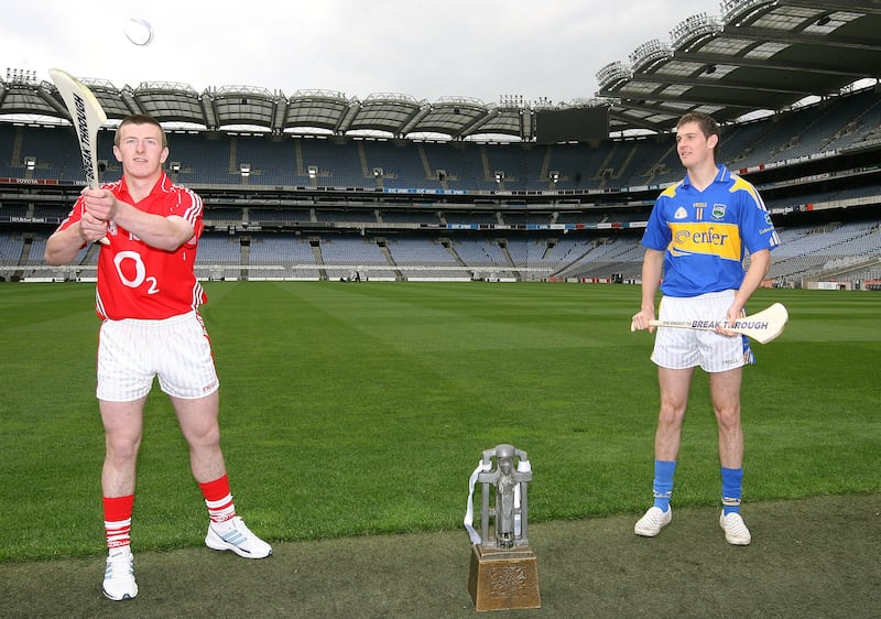 Patrick Horgan with Tipperary's Seamus Callinan at the launch of the 2009 All-Ireland Under-21 Hurling Championship at Croke Park. Photograph: Lorraine O'Sullivan/Inpho
