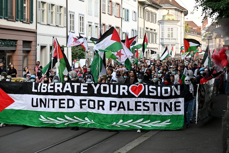 A demonstration against Israel's candidate prior to the grand final of the Eurovision Song Contest 2025 in Basel. Photograph: AFP via Getty Images
