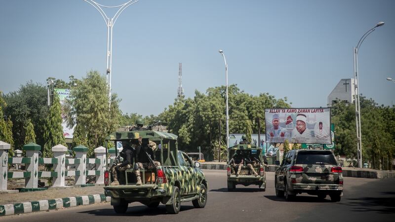 A military patrol of the streets in Maiduguri, northeast Nigeria. Photograph: Sally Hayden.