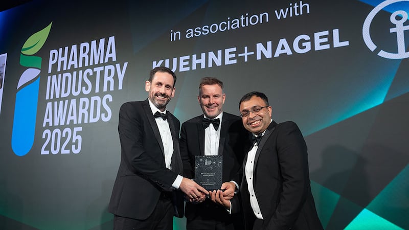 Kevin O'Driscoll, director, partner programmes at BusinessRiver, presents the pharma education and training award to Ben Ryan and Dr Sudipto Das, RCSI