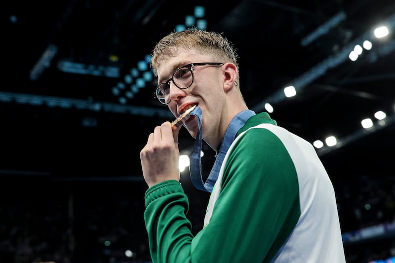 Daniel Wiffen with his bronze medal from the men's 1500m freestyle final. Photograph: Ryan Byrne/Inpho 