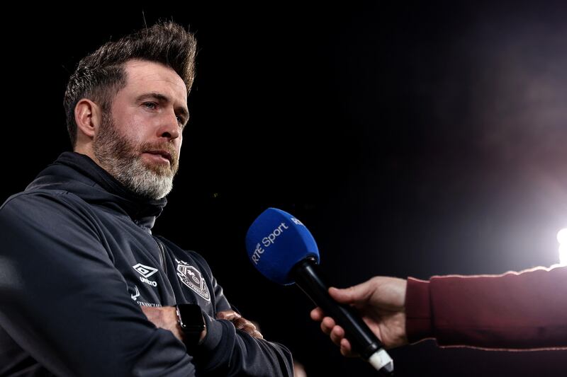SSE Airtricity League Premier Division, Tallaght Stadium, Dublin 16/2/2024
Shamrock Rovers vs Dundalk
Shamrock Rovers Head Coach Stephen Bradley speaks with RTE Sport head of the game 
Mandatory Credit ©INPHO/Ben Brady